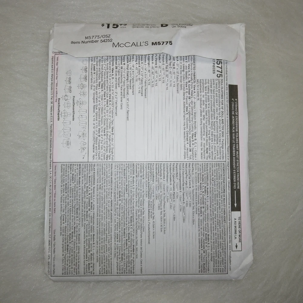 McCall's M5775 Clothing for 18